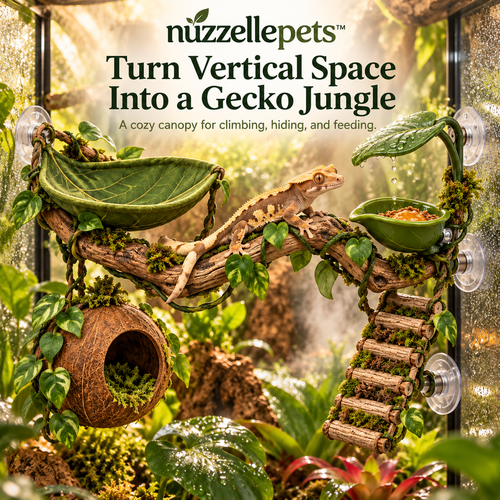 Nuzzellepets™  5-in-1 Gecko Sky Bridge – Climbing, Hammock, Hideaway, Feeding & Misting Enrichment Station for Crested Geckos, Day Geckos & Anoles