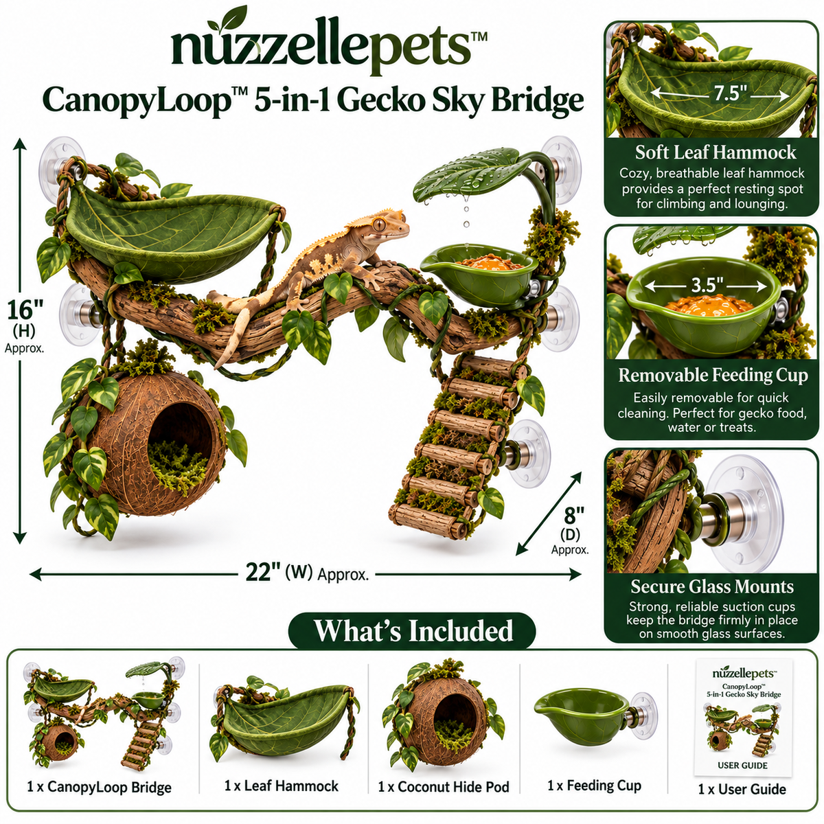 Nuzzellepets™  5-in-1 Gecko Sky Bridge – Climbing, Hammock, Hideaway, Feeding & Misting Enrichment Station for Crested Geckos, Day Geckos & Anoles