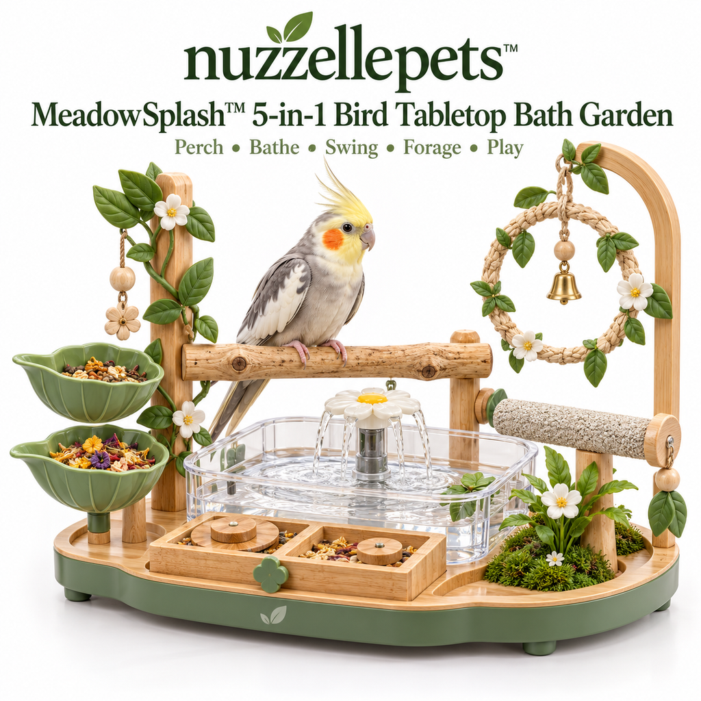 Nuzzellepets™  5-in-1 Bird Tabletop Bath Garden – Perch, Fountain Bath, Swing, Feeding & Foraging Play Station for Cockatiels, Budgies, Lovebirds & Conures