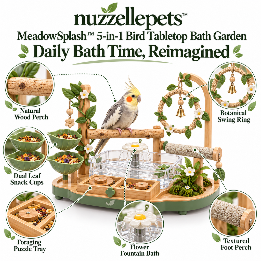Nuzzellepets™  5-in-1 Bird Tabletop Bath Garden – Perch, Fountain Bath, Swing, Feeding & Foraging Play Station for Cockatiels, Budgies, Lovebirds & Conures