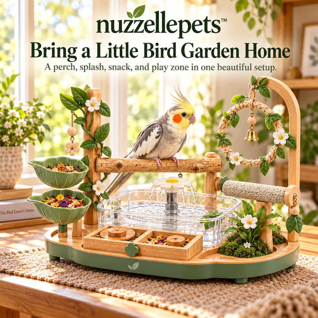 Nuzzellepets™  5-in-1 Bird Tabletop Bath Garden – Perch, Fountain Bath, Swing, Feeding & Foraging Play Station for Cockatiels, Budgies, Lovebirds & Conures