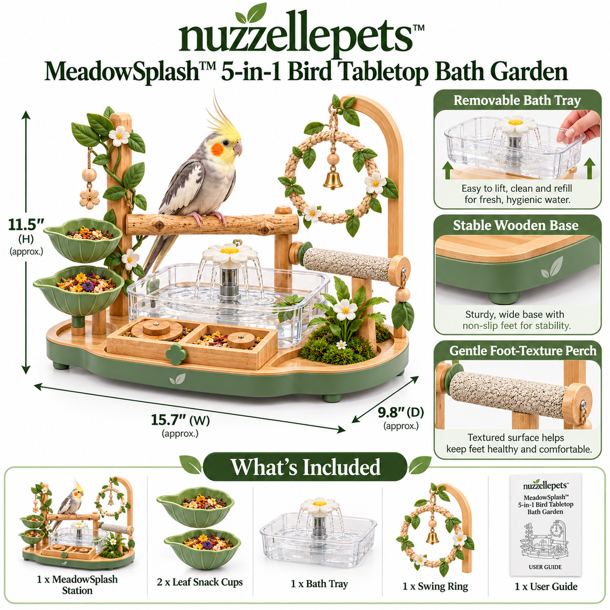 Nuzzellepets™  5-in-1 Bird Tabletop Bath Garden – Perch, Fountain Bath, Swing, Feeding & Foraging Play Station for Cockatiels, Budgies, Lovebirds & Conures