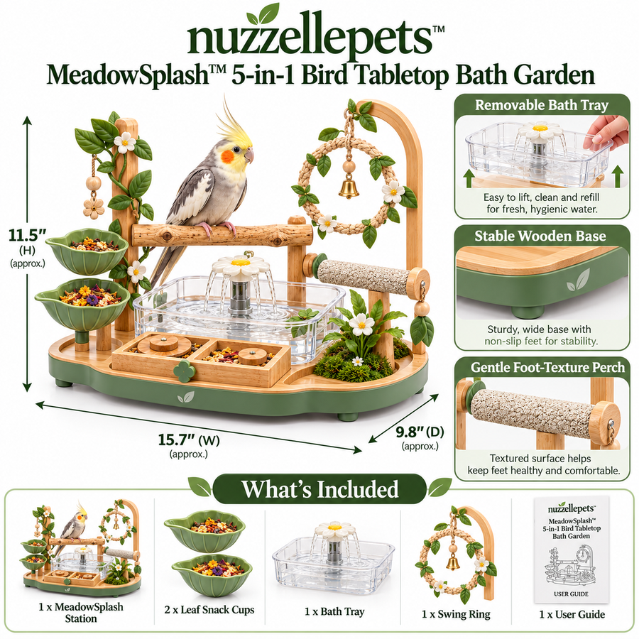 Nuzzellepets™  5-in-1 Bird Tabletop Bath Garden – Perch, Fountain Bath, Swing, Feeding & Foraging Play Station for Cockatiels, Budgies, Lovebirds & Conures