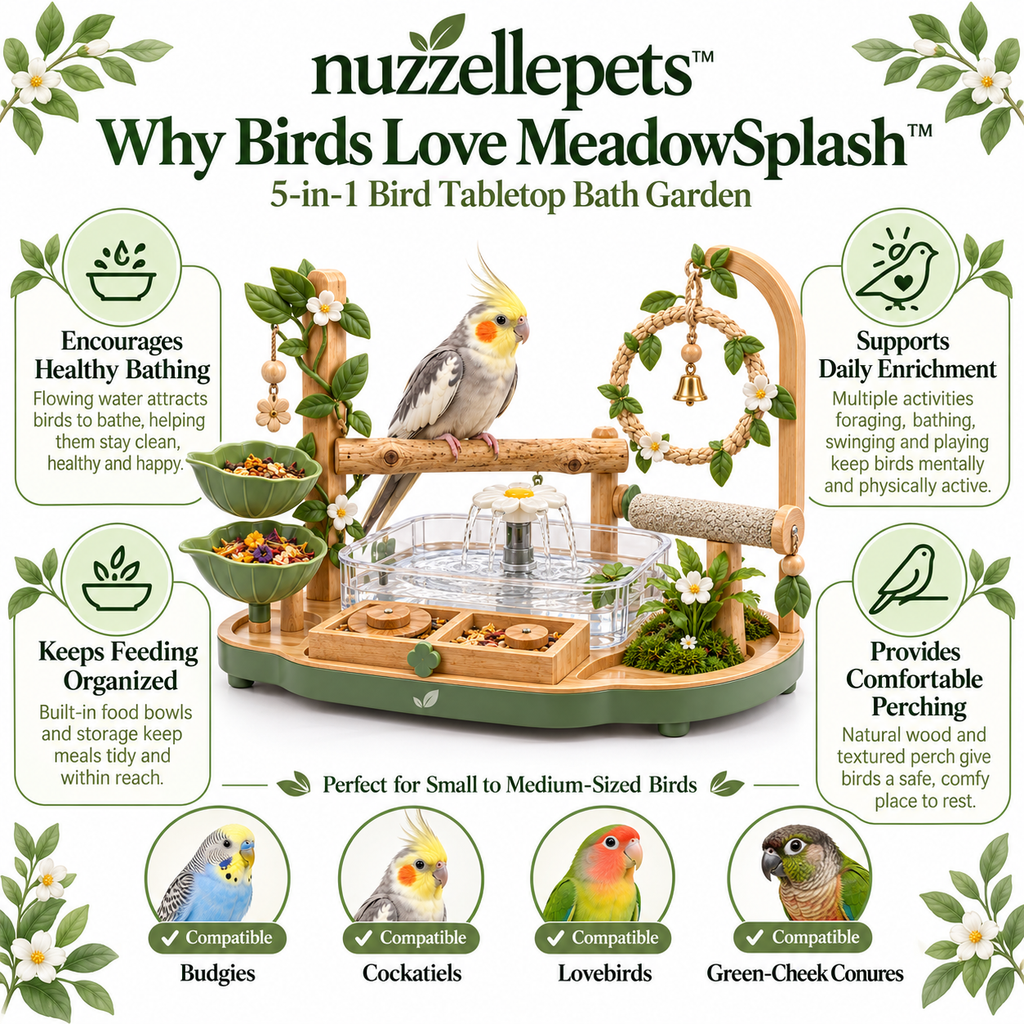 Nuzzellepets™  5-in-1 Bird Tabletop Bath Garden – Perch, Fountain Bath, Swing, Feeding & Foraging Play Station for Cockatiels, Budgies, Lovebirds & Conures