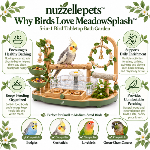 Nuzzellepets™  5-in-1 Bird Tabletop Bath Garden – Perch, Fountain Bath, Swing, Feeding & Foraging Play Station for Cockatiels, Budgies, Lovebirds & Conures