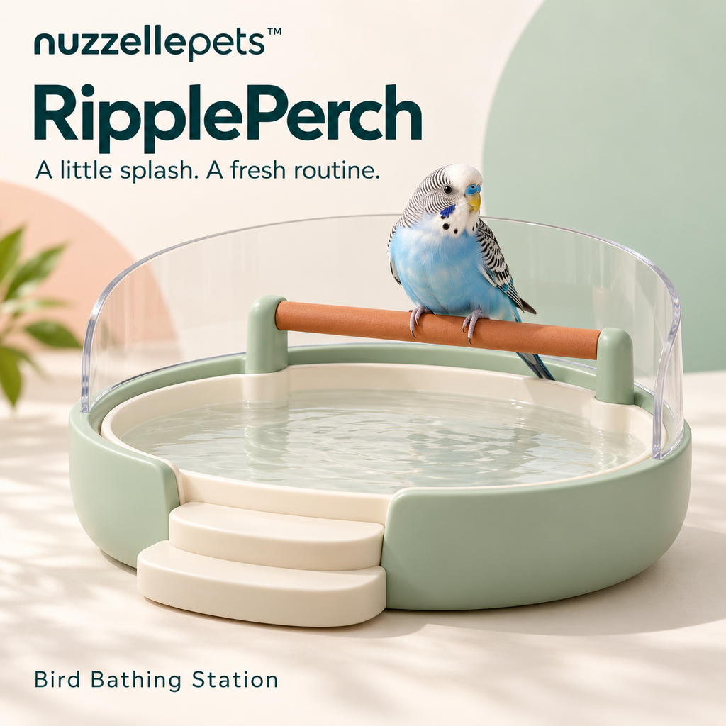 Nuzzellepets™ RipplePerch Bird Bathing Station with Perch, Easy-Access Steps & Clear Splash Guard