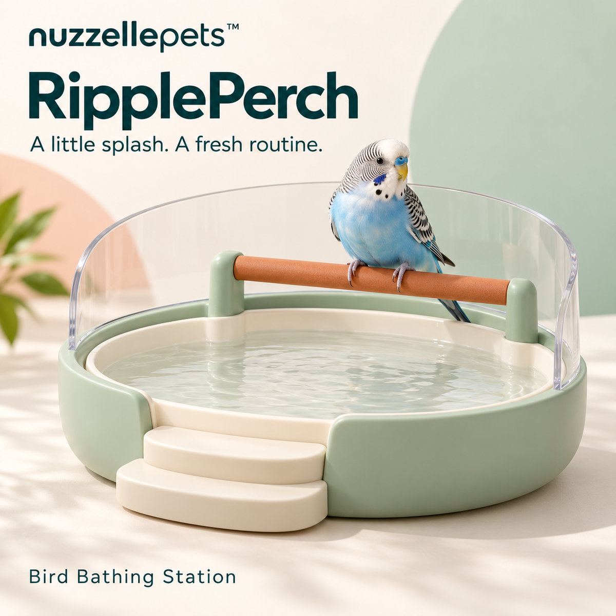 Nuzzellepets™ RipplePerch Bird Bathing Station with Perch, Easy-Access Steps & Clear Splash Guard