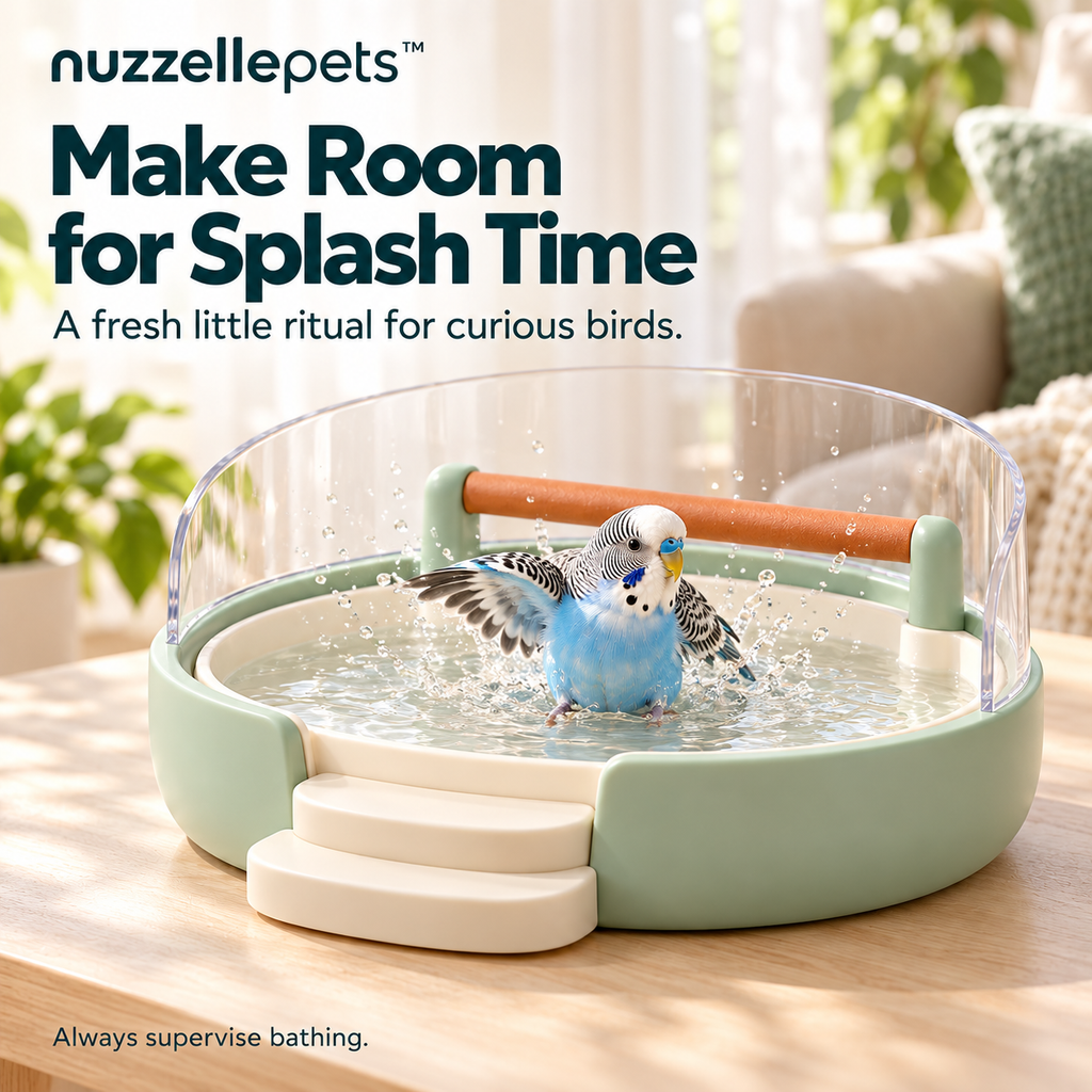 Nuzzellepets™ RipplePerch Bird Bathing Station with Perch, Easy-Access Steps & Clear Splash Guard
