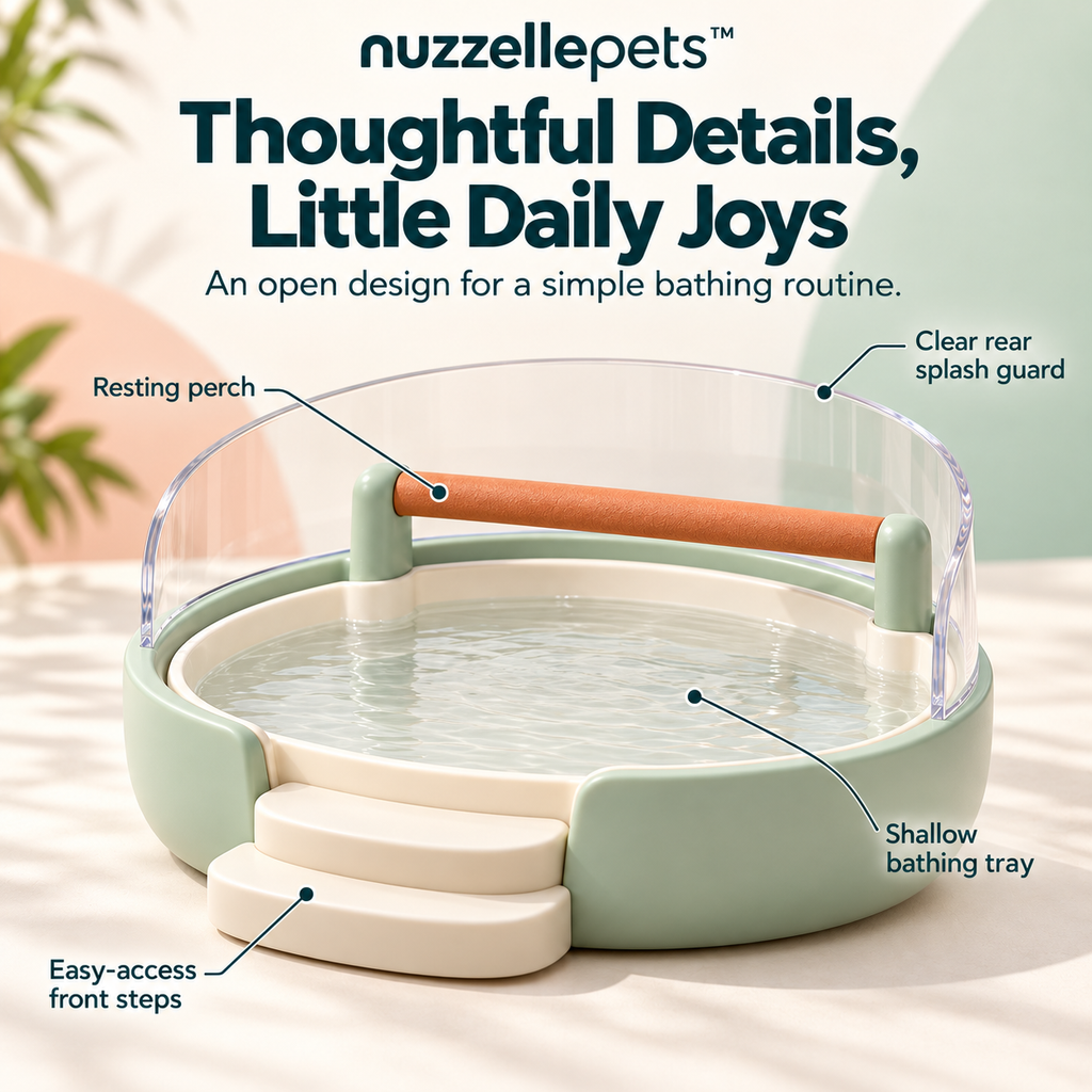 Nuzzellepets™ RipplePerch Bird Bathing Station with Perch, Easy-Access Steps & Clear Splash Guard