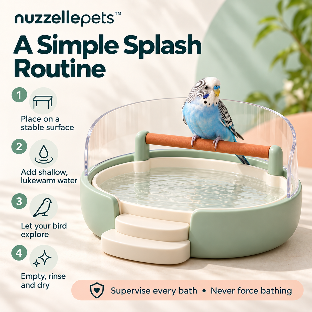 Nuzzellepets™ RipplePerch Bird Bathing Station with Perch, Easy-Access Steps & Clear Splash Guard